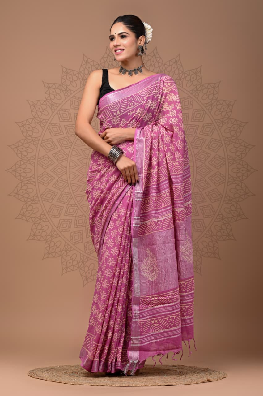 Hand Block Printed Linen Saree with Blouse